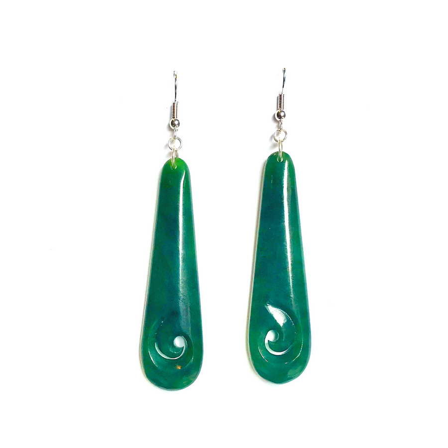 NZ Greenstone Teardrop Earrings with Koru - 60mm